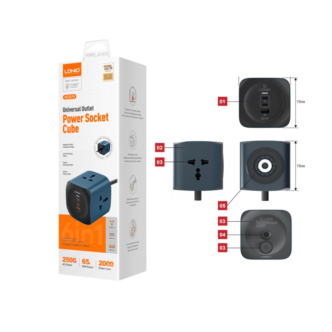 CORTAPICOS LDNIO SC3319 65W 3P 2USB+1PD + 3TOMAS CUBO 6 EN 1 BLACK