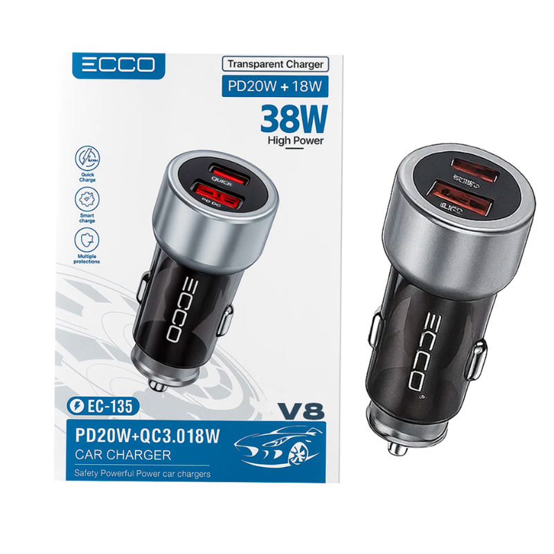 CARGADOR VEH. ECCO EC-135 38W - 2P PD + USB +